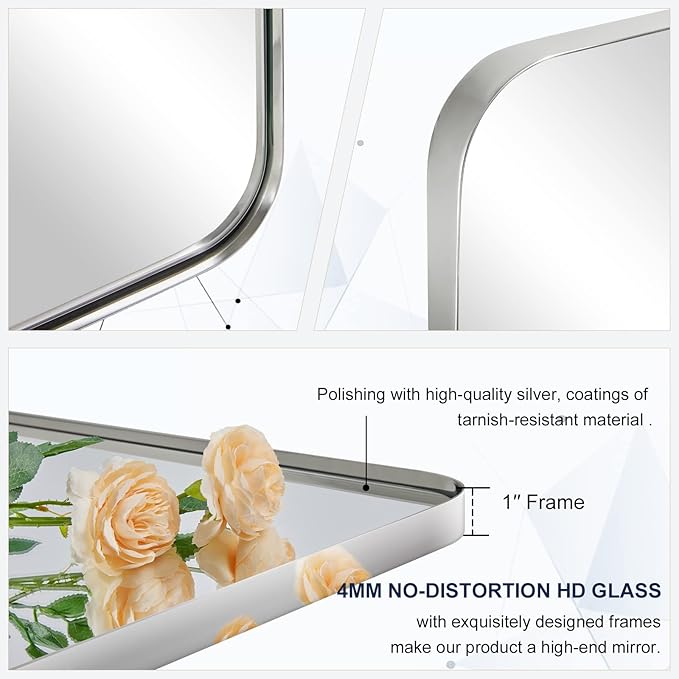 ANDY STAR Chrome Mirror for Bathroom, Rectangular Stainless Steel Rounded