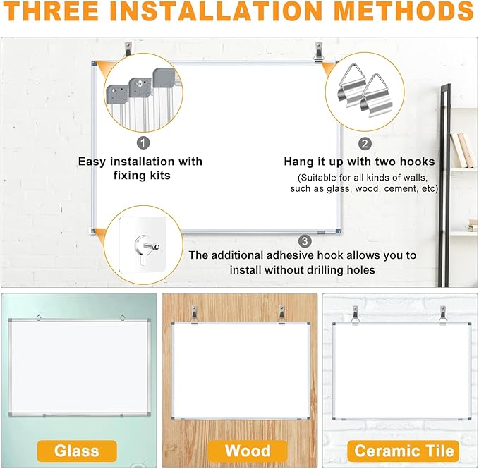 H-Qprobd Magnetic Whiteboard 24" x 18" Dry Erase White Board for Wall, Hanging Mounted Whiteboard with Aluminum Marker Tray