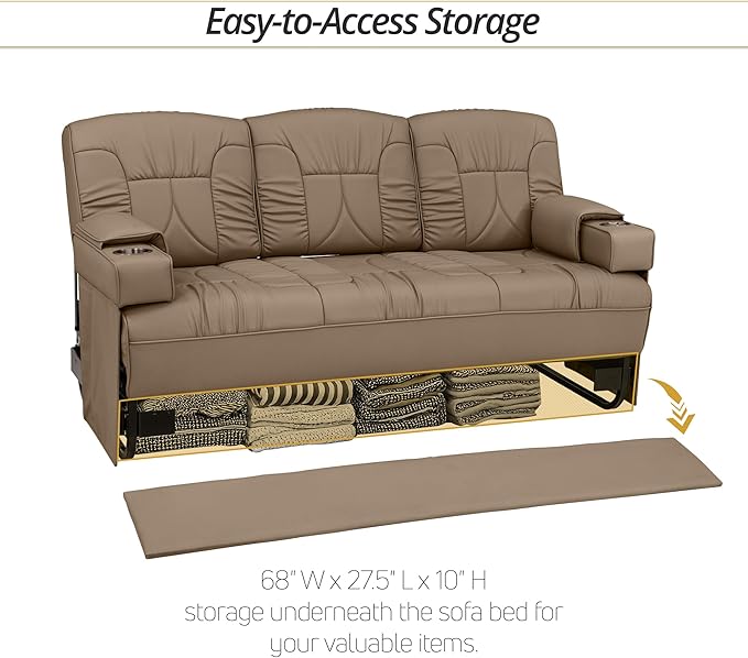 Qualitex De Leon Console SL RV Sofa Bed, 74" Wide, Ulitmate Leather, Light Sand