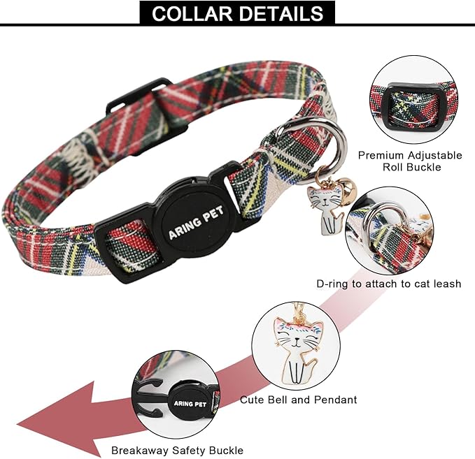ARING PET 2 Pack Christmas Cat Collars-Cute Cat Collar Breakaway with Bell&Pendant, Cotton Christmas Plaid Kitten Collars with Safety Buckle for Girl and Boy Cats