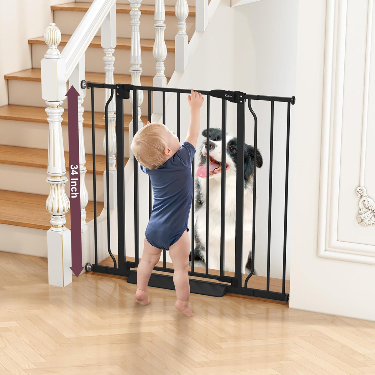 34" Extra Tall Baby Gate for Stairs, Auto Close Stroller Friendly Dog Gate Indoor for Doorways, Pressure Mounted 29"-40" W Baby Gate, Easy Walk Through Gate for Children & Pets, Black