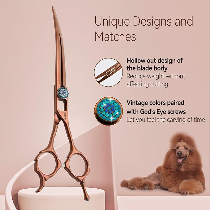Curved Dog Grooming Scissors 7.5'' Downward 30° Professional Pet Grooming Trimming Shears for Dogs Teddy High Cobalt Alloy Steel for Right Handed Groomers (7.5, Chocolate Curve)