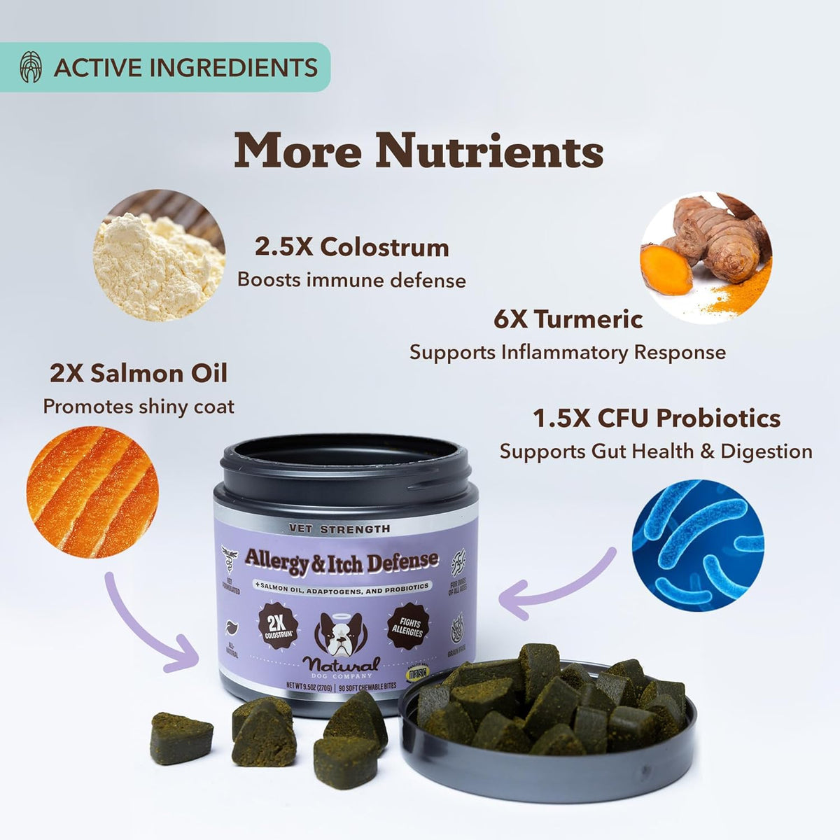 Natural Dog Company Aller Immune Chews 90 ct, Vet Strength High-Concentration Senior Dog Allergy Relief with 2.4X Colostrum, 2X Salmon Oil & 1.5X Probiotics, Supports Immune, Skin, Coat & Gut Health