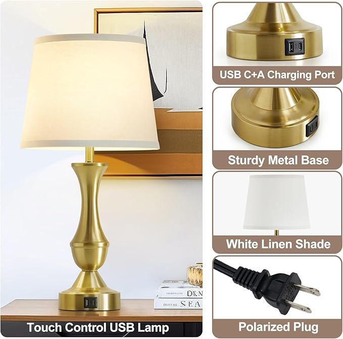 Luvkczc 22" Gold Table Lamps Set of 2 - Modern Luxury Bedside Lamps with White Fabric Shade, Dimmable & Dual USB C+A Ports, Nightstand Lamps for Bedroom/Living Room (Bulb Included)