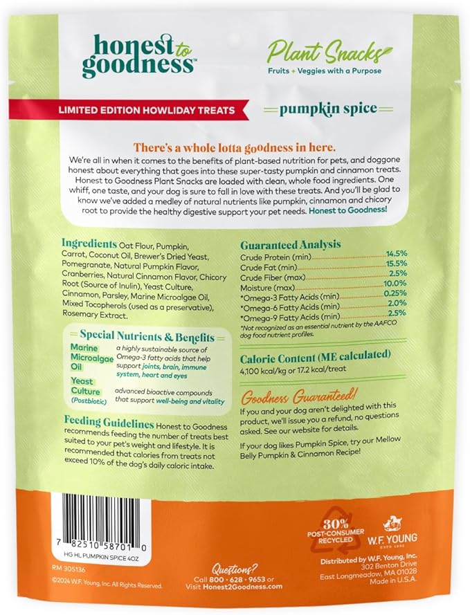 Honest to Goodness Plant Snacks Limited Edition Holiday Pumpkin Spice Dog Treats, 4oz