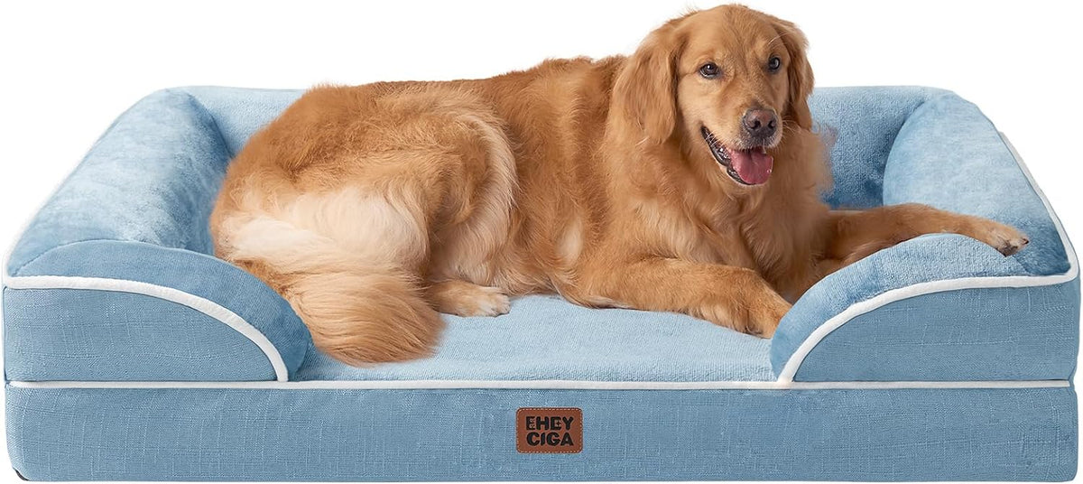 EHEYCIGA Orthopedic Dog Beds for Extra Large Dogs, Waterproof Memory Foam XL Dog Bed with Sides, Non-Slip Bottom and Egg-Crate Foam Big Pet Bed with Washable Removable Cover, Washed Blue
