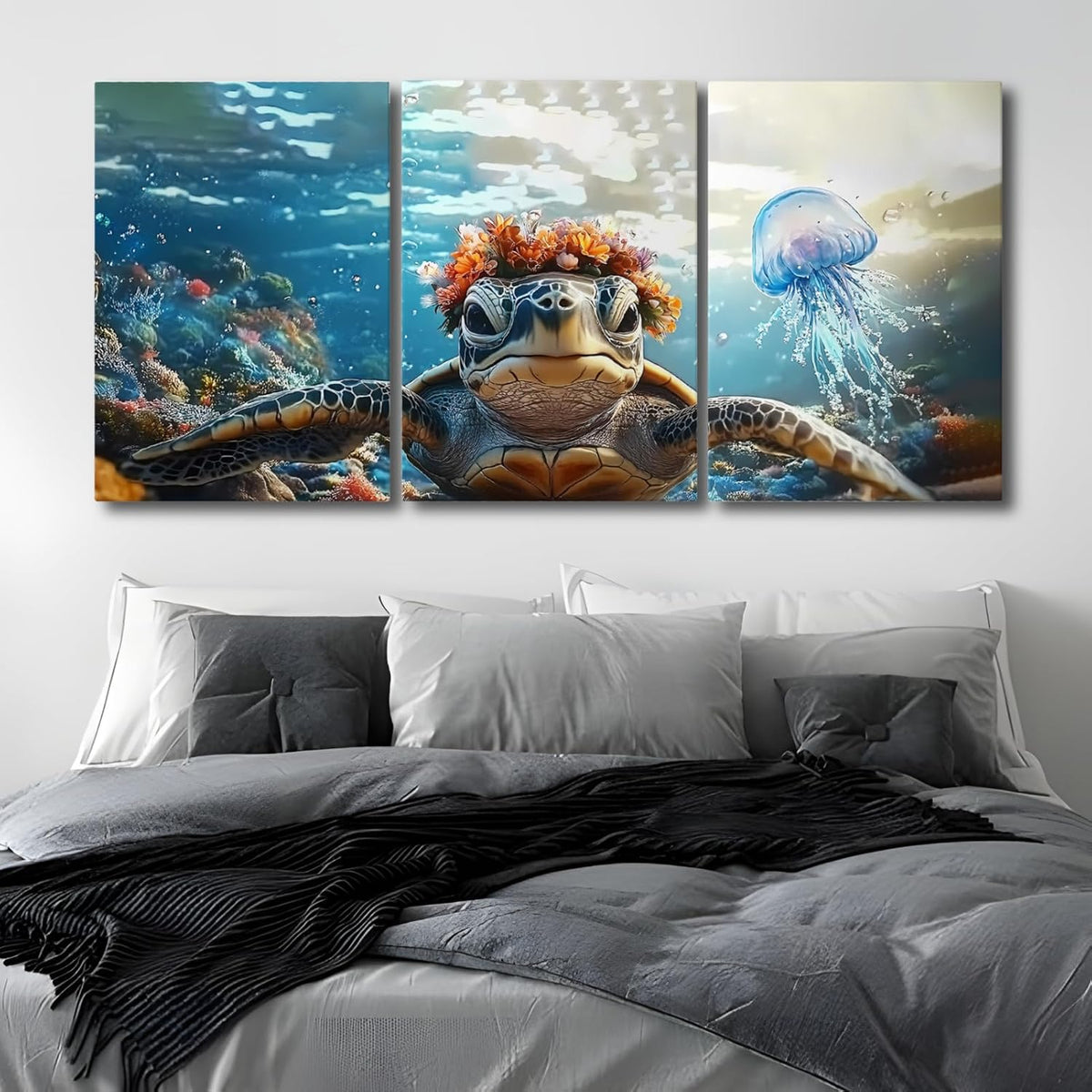 Wivsev Sea Turtle Canvas Wall Art,Under Sea Wall Art,Sea Life Pictures Wall Decor,Ocean Animal Painting for Bathroom,Living Room,Bedroom (16" x 24" x 3 pcs)