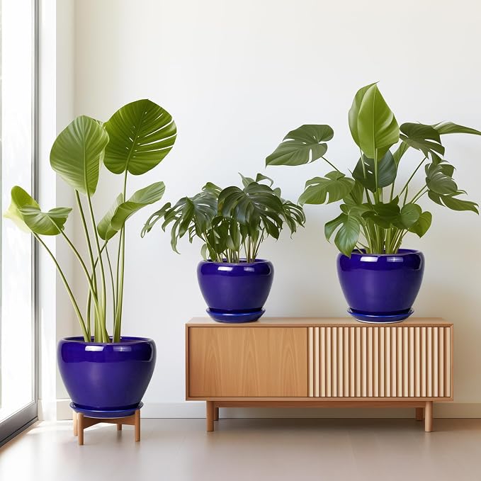 Flower Pots for Indoor Plants- Ceramic Pots for Plants 10 Inch 8 Inch 6 Inch Plant Pots with Drainage Holes and Saucers Decorative Large Planters for Outdoor Plants Set of 3 Blue