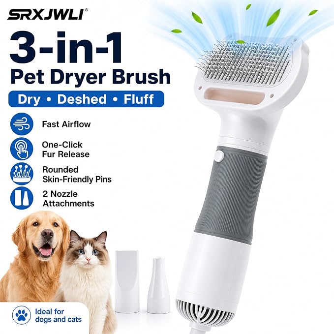 3 in 1 Pet Hair Dryers And Comb Brush High Velocity Blower for Dog Grooming | Portable Quiet Handheld Slicker with Steam Deshedding Intelligent Airflow System for Cats, Puppies and Professional(Blue)