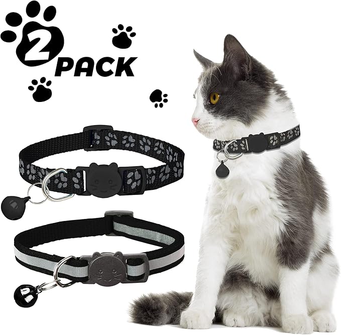 BANMODER 2 Pack Reflective Cat Collar Breakaway with Bell,Personalized Kitten Collars,Adjustable Safety Buckle Collar for Male Cats Girls & Boys (Black)