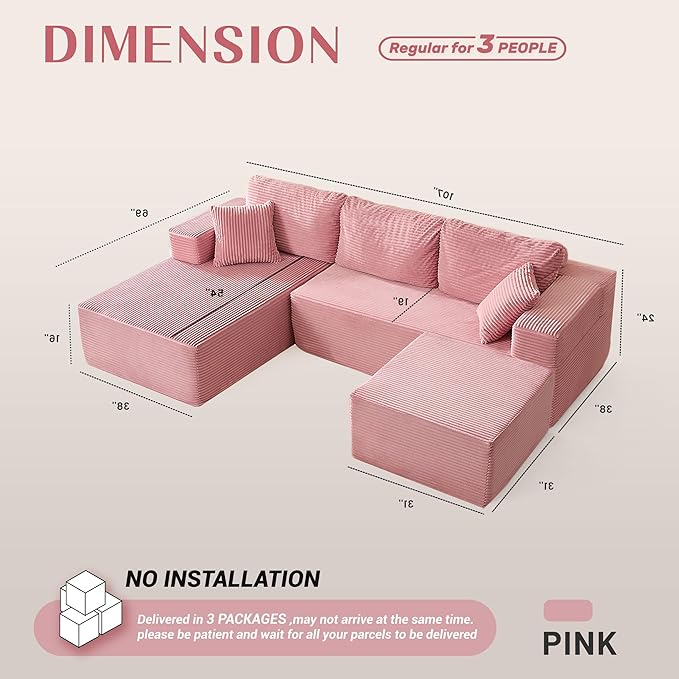 107" Boneless Couch with Deep Seat, Modular Sectional Sofa, Cloud Sectional Couch for Living Room, No Assembly Required, Corduroy, U-Shape 3 Seater Left, Pink