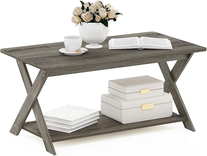 Furinno Modern Simplistic Criss-Crossed Coffee Table, 35.4 in x 19.6 in x 16 in, French Oak Grey
