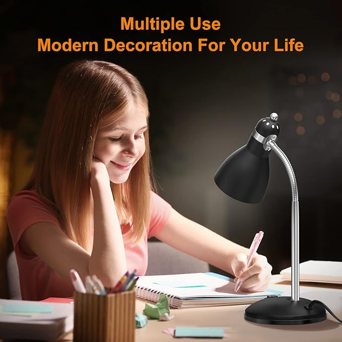 LEPOWER Metal Desk Lamp, Adjustable Goose Neck Table Lamp, Eye-Caring Study Desk Lamps for Bedroom, Study Room and Office (Black)