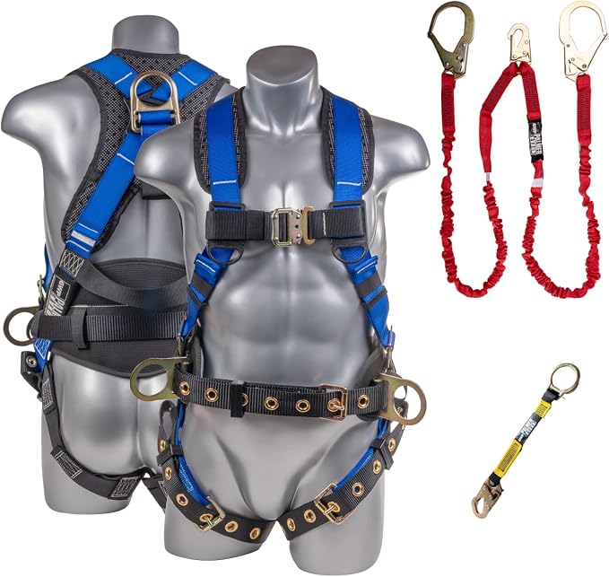 Fall Protection Hammerhead Kit I 5pt Safety Harness, 6' Double Leg Lanyard, 18" D-Ring Extender (Blue - 3XLG)