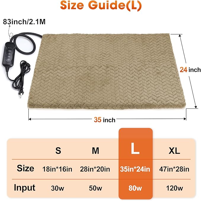 GASUR Heated Dog Bed, Waterproof Electric Dog Cat Heating Pad with Timer, Temperature Adjustable Heated Cat Bed for Winter, Auto Power-Off, Anti-bite Heating Pad for Dogs Cats-35''x24'', Large