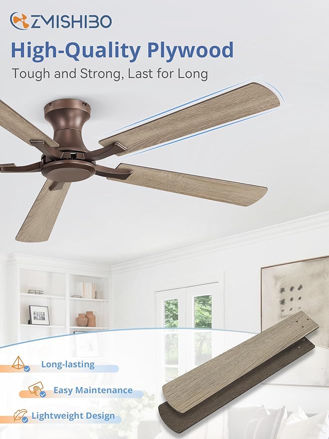 ZMISHIBO 60 Inch Ceiling Fan No Light, Flush Mount Low Profile, Farmhouse Brown