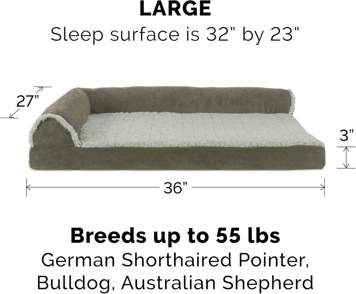 Furhaven Cooling Gel Dog Bed for Large/Medium Dogs w/ Removable Bolsters & Washable Cover, For Dogs Up to 55 lbs - Two-Tone Plush Faux Fur & Suede L Shaped Chaise - Dark Sage, Large
