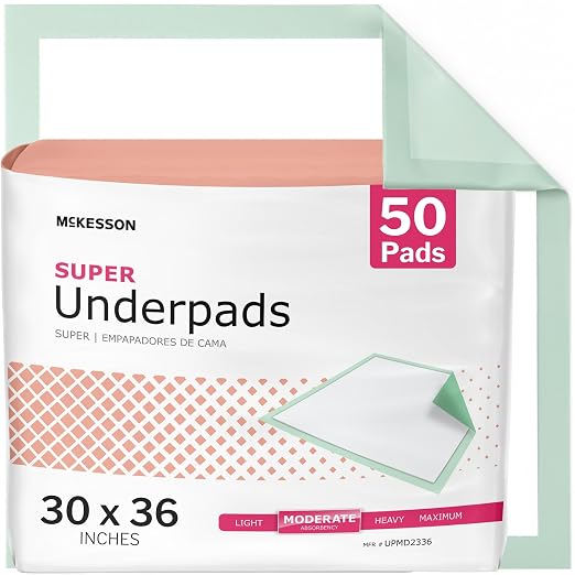 McKesson Super Underpads, Moderate Absorbency, 30 x 36 in, 50 ct | Disposable Chux for Adults, Elderly, and Baby, Pee Pads, Adult Incontinence Bed Pads