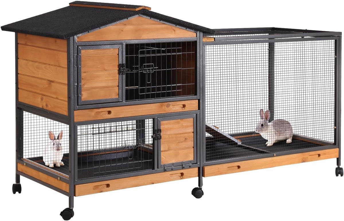 AIVITUVIN Rabbit Hutch Indoor with Metal Frame Rabbit Cage with Pull Out Tray No Leakage Bunny Cage with Wheel Guinea Pig Cage