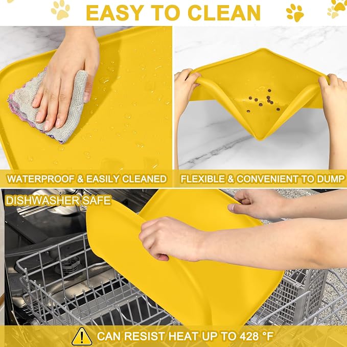 SMILOOL Waterproof Silicone Pet Food Mat with Raised Edge for Dog & Cat | 19" x 12" Non-Slip Pet Feeding Mats with Lip for Food & Water Bowl, Food Grade, Easy Cleaning, Vivid Yellow