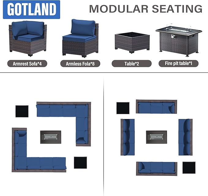 Gotland 15 Pieces Patio Furniture Set with Fire Pit Table, All Weather Rattan Outdoor Furniture with 29.5'' High Backrest 4’’ Thick Cushions Coffee Table, Patio Set for Porch, Deck, Backyard, Navy