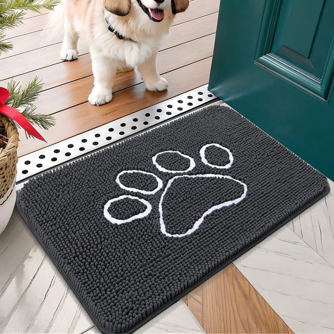 OLANLY Door Mat for Muddy Dog Paws 24x16, Ultra Absorbent Chenille Mud Doormat with Paw Print Design, Non-Slip Washable Doormat for Indoor Entryway, Quick-Dry Pet Bed Mats for Dirty Dogs, Dark Grey