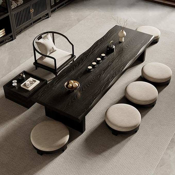 Solid Wood Japanese Tea Table, Simple and Modern Low Design, Tatami Tea Style, Zen-Inspired Kotatsu, Bay Window Seating, Floor Style (Black, 200 * 60 * 35cm)