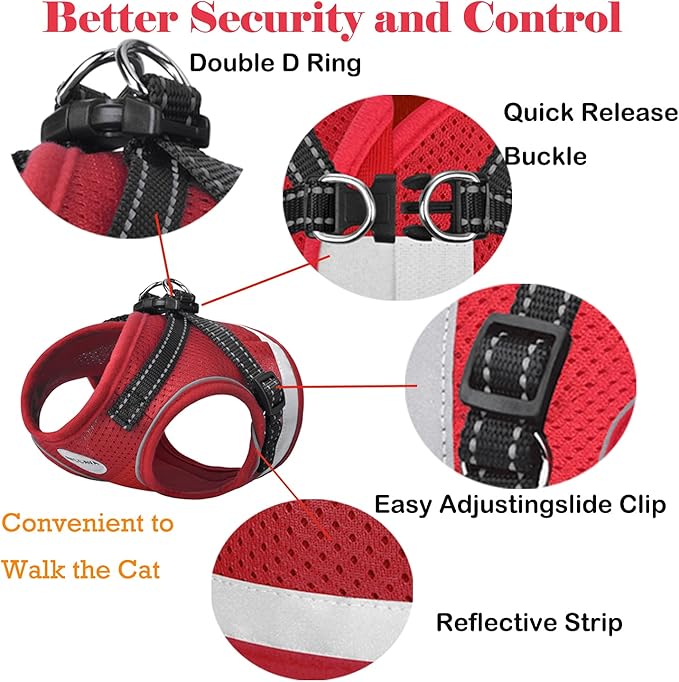 Cat Harness and Leash for Walking, Kitten Escape Proof Harnesses, Adjustable Reflective Puppy Harness with Leashes Set, Easy Adjustable Soft net Breathable Pet Safety Vest