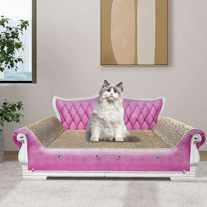 Luxury Cardboard Cat Scratcher Sofa Bed, Couch Shaped Scratching Board with Catnip, Scratcher for Indoor Cats, Large Pink