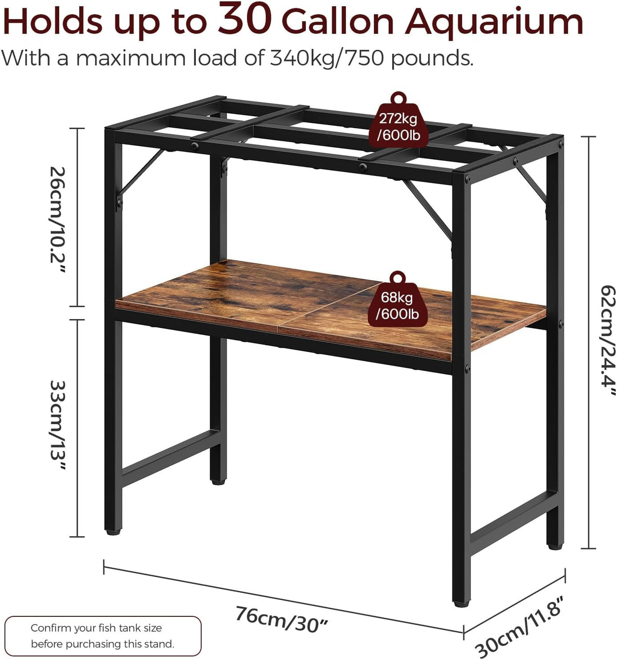 30 Gallon Fish Tank Stand, Aquarium Stand with 2-Tier Storage Shelves, Heavy Duty Breeder Turtle Terrarium Stand Rack for Home Office, 30.0" L x 11.8" W x 24.4" H, Rustic Brown FTHR3001