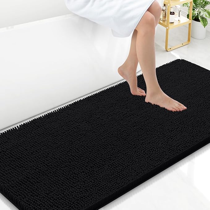 Arotive Bathroom Rugs 59x24, Extra Soft Absorbent Shaggy Chenille Bath Rugs, Machine Washable Rubber Backing Non-Slip Bath Mats for Bathroom Floor Tub and Shower, Home Decor Accessories, Black