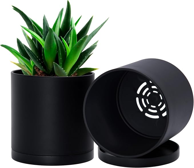 D'vine Dev 2 Pack 5 Inch Modern Plastic Plant Pots, Small Garden Planters for Plant with Drainage Holes and Saucers, Black Color, 74-Y-G-1