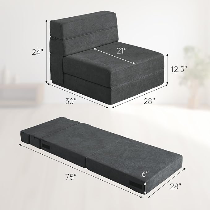 ANONER Fold Out Chair Bed Memory Foam with Pillow Futon Couch Folding Sleeper Chairs, Convertible Chair Bed Dark Gray, Single Size