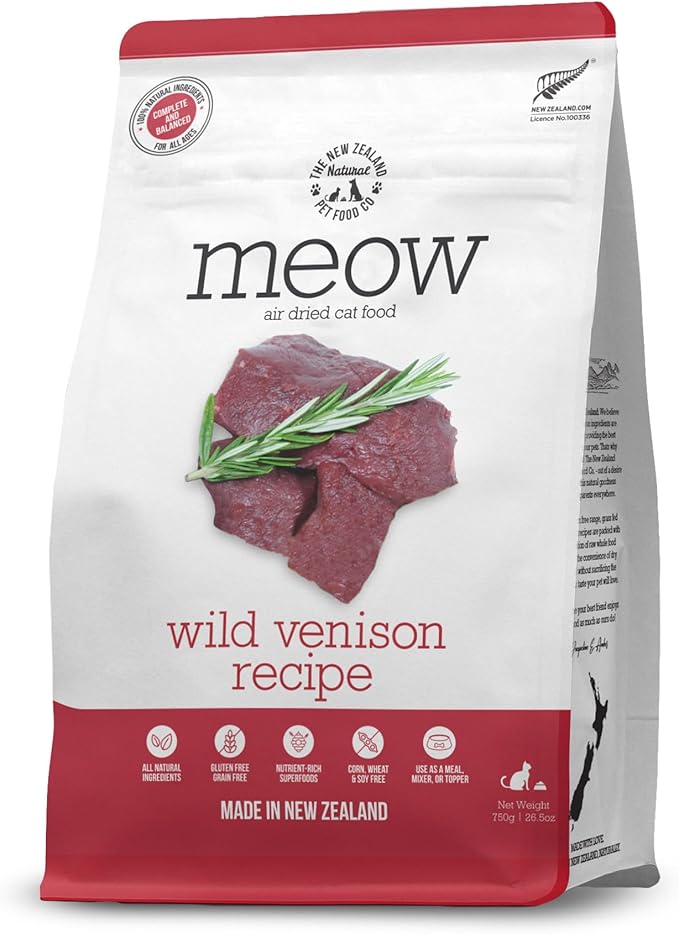 The New Zealand Natural Pet Food Co Meow Air Dried Cat Food - Venison Recipe, High Protein Dry Food Use as a Complete Diet, Topper, Mixer, or as Cat Training Treats, All Life Stages, 26.5 oz