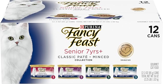 Purina Fancy Feast High Protein Senior Wet Cat Food Variety Pack, Senior 7+ Chicken, Beef & Tuna Feasts - (2 Packs of 12) 3 oz. Cans