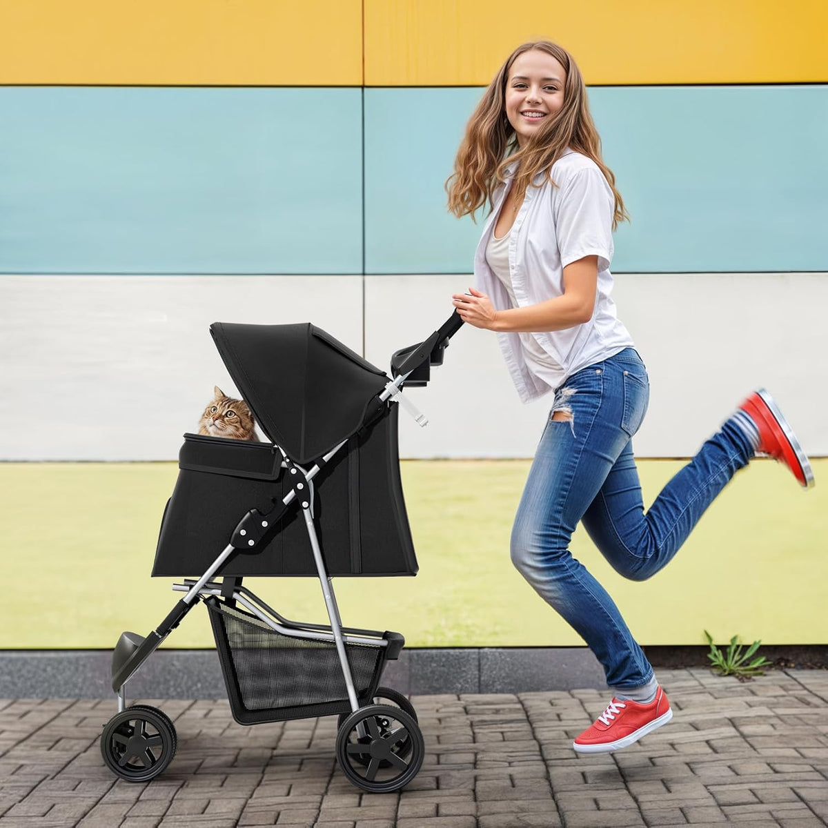 MoNiBloom Foldable Pet Stroller with Weather Cover, 3 Wheels Pet Strolling Cart for Small/Medium Dogs and Cats with Storage Basket and Cup Holder, Breathable and Visible Mesh for All-Season, Black