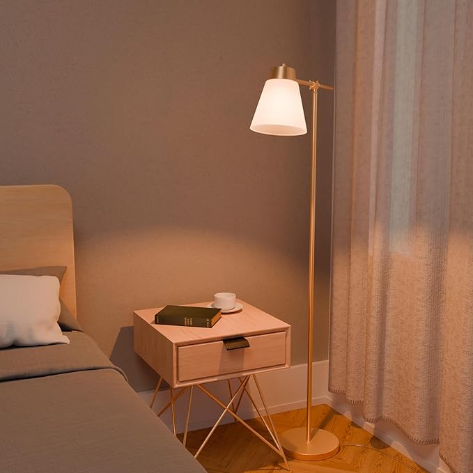 69" Floor Lamp, Swing Arm, Matte Brass Plated, White Tapered Fabric Shade, On/Off Rotary Switch on Socket, 5-Foot Clear Cord, 1-Light, 40W E26/Medium Base Bulb