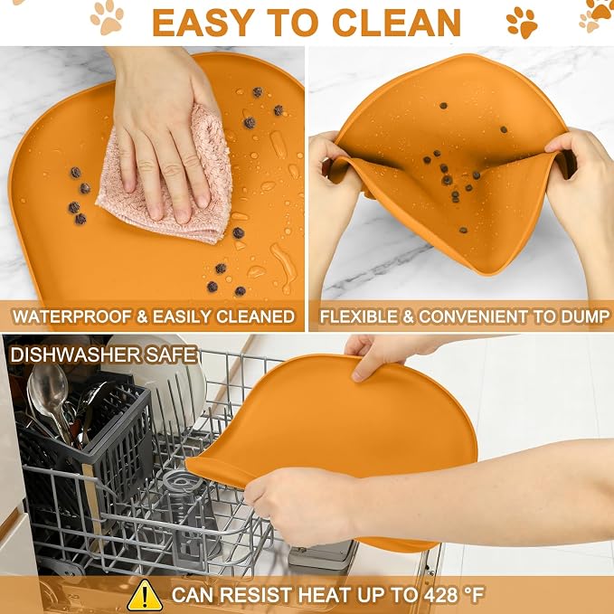 SMILOOL Waterproof Silicone Pet Food Mat with Raised Edge for Dog & Cat | 12" x 12" Non-Slip Small Pet Feeding Mats with Lip for Food & Water Bowl, Food Grade, Easy Cleaning, Orange