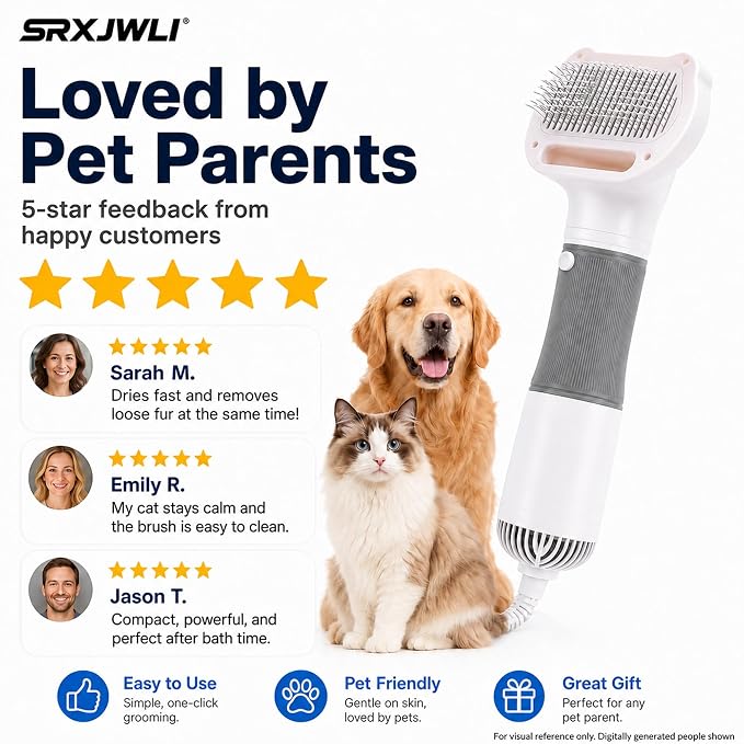 3 in 1 Pet Hair Dryers And Comb Brush High Velocity Blower for Dog Grooming | Portable Quiet Handheld Slicker with Steam Deshedding Intelligent Airflow System for Cats, Puppies and Professional(Blue)