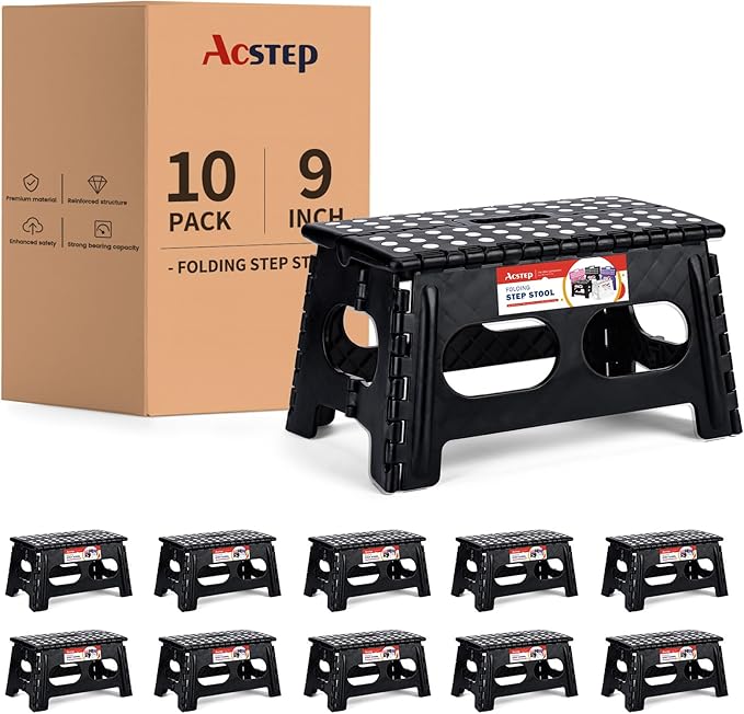 ACSTEP Folding Step Stool, 15-Inch Extra Wide 9Inch Height Heavy Duty Stepping Stool More Safe and Comfortable Non Slip Foldable Step Stool for Kids and Adults Black, 10 Pack