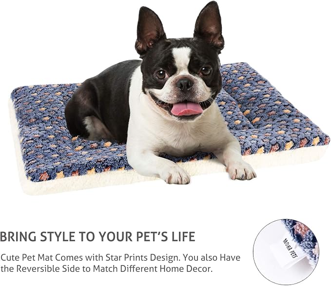 Mora Pets Dog Crate Pad Bed Ultra Soft Pet Mat Star Print Blue 23 x 18 Inch | Washable Crate Mat for Small Medium Large Dogs, Reversible Fleece Dog Crate Kennel Mat Flat Cat Bed Liner