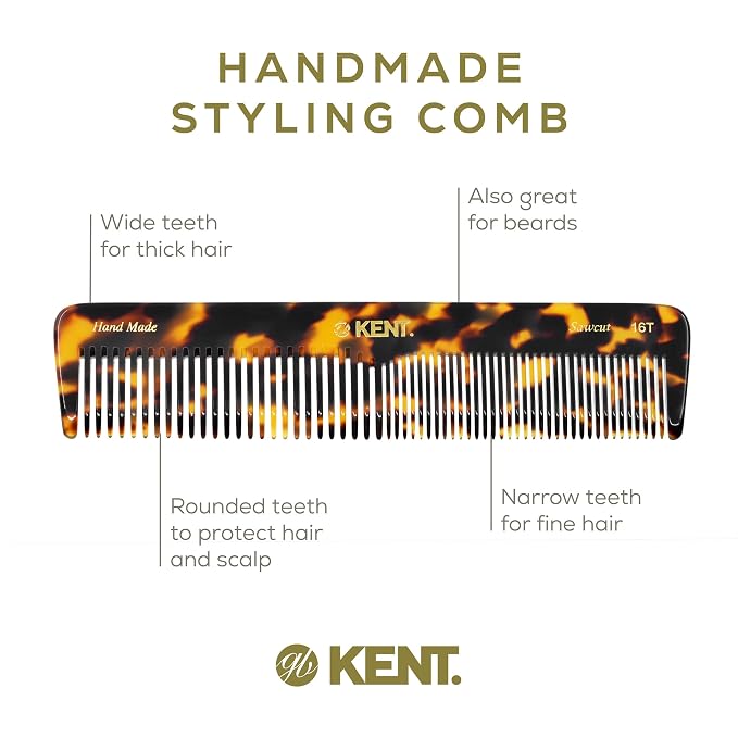 Kent 16T TY Fine Tooth and Wide Tooth Comb for Daily Grooming, Handmade Styling Comb for All Hair Types, Styling and Detangling Combs for Men and Women
