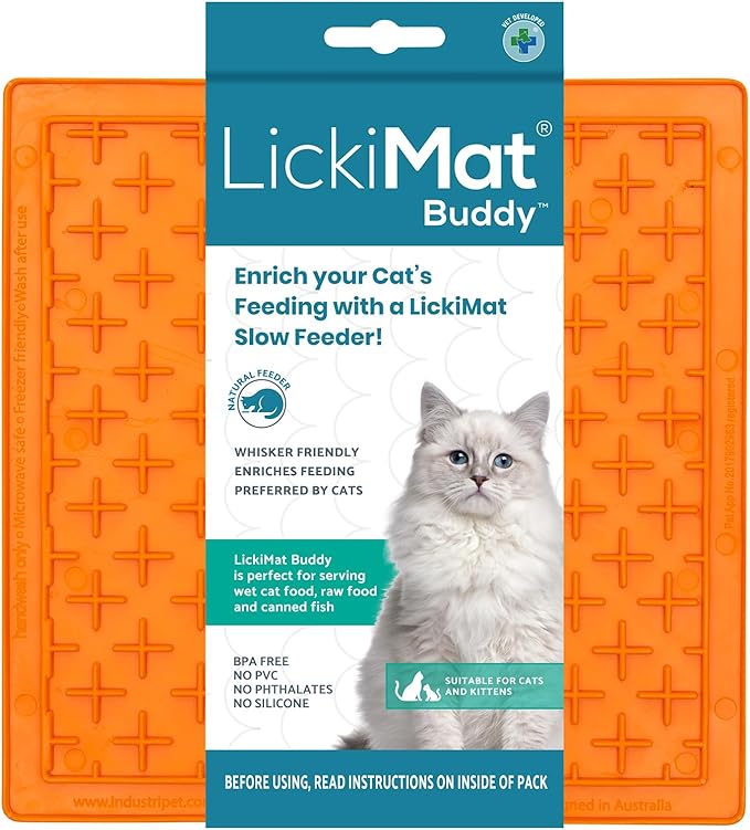 LickiMat Classic Buddy, Cat Slow Feeder Lick Mat, Boredom Anxiety Reducer; Perfect for Food, Treats, Yogurt, or Peanut Butter. Fun Alternative to a Slow Feed Cat Bowl or Dish, Orange