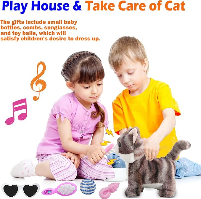 Gray Leash Walking Cat Set Singing That Purrs and Meows Animated Plush Robot Kitten Moving Plush Realistic Stuffed Animal Remote Control Cute Kawai Robotic Kitty Toy for Kid Girl Gift