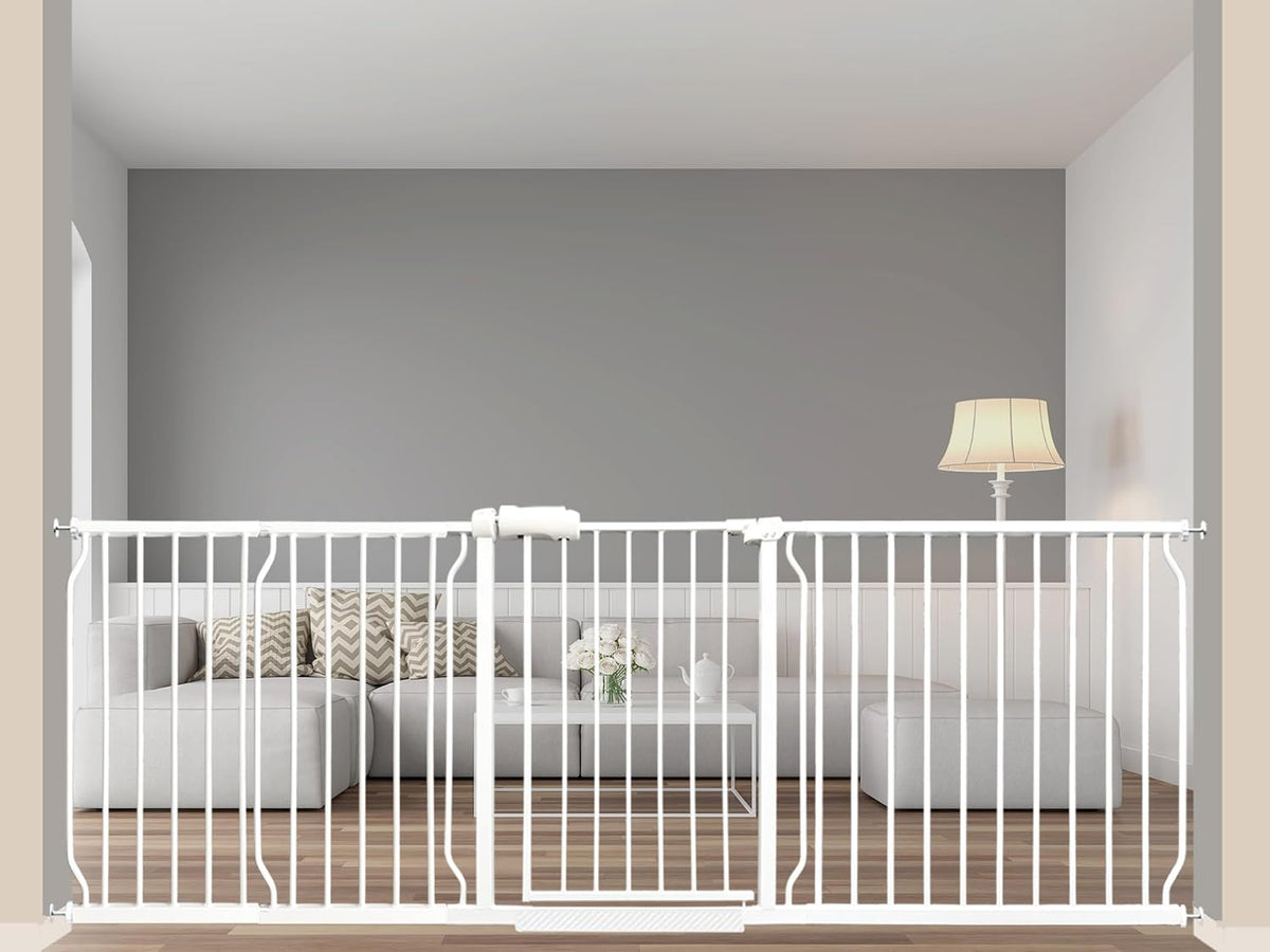 Extra Wide Baby Gate 85.8-90.5 Inch, Pressure Mounted No Drilling, for Stairs & Doorways, Metal White Indoor Safety Gate for Kids and Dogs