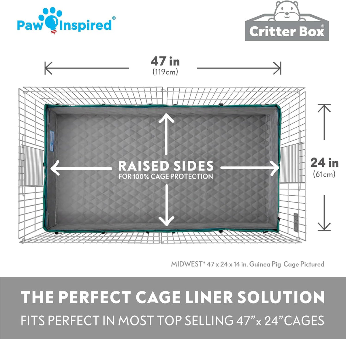 Paw Inspired Critter Box Washable Cage Liner with Raised Sides, Fleece Bedding with Waterproof Bottom, Edge Protected Pee Pads for Guinea Pigs, Rabbits, Hamsters, Small Animals (Midwest Size)