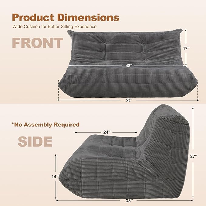 Bean Bag Chair,Giant Beanbag Chairs for Adults,Comfy Large Fireside Chair Lazy Sofa,Corduroy Bean Bag Lounger with Memory Foam Filled,Floor Sofa Couch for Living Room (Dark Grey, Loveseat)