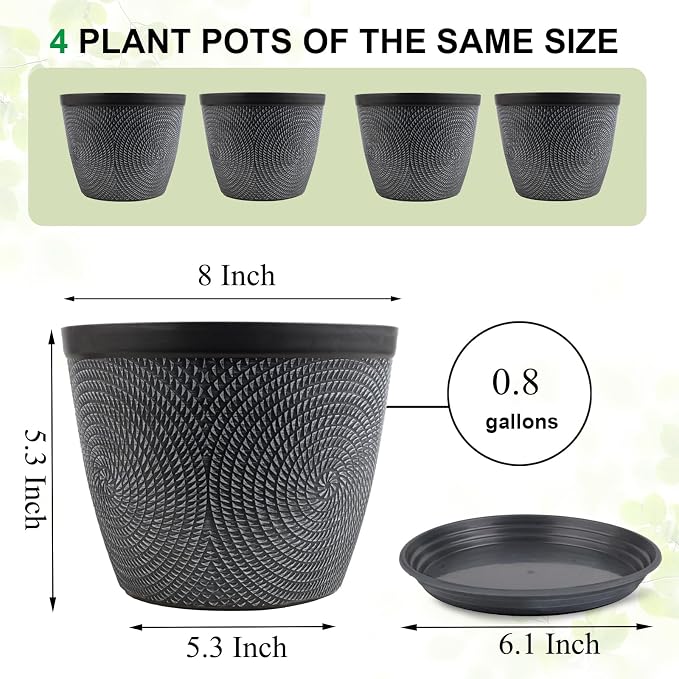Quarut 4 Pack 8 Inch Flower Pots Planters for Outdoor Indoor, Plastic Plant Pots with Drainage Hole & Tray, Modern Decorative Garden Pot with Saucer, planters for House (Gray)