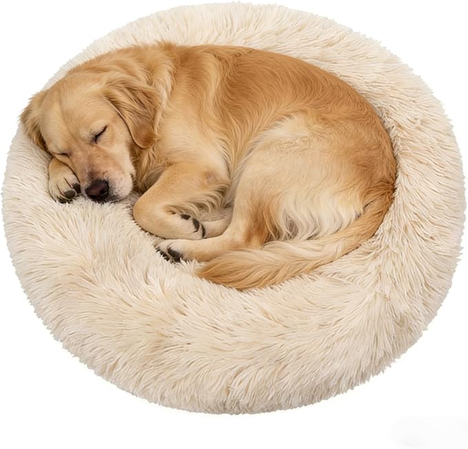Calming Donut Dog Beds Large Sized Dog - Washable Removable Cover Non-Slip, Round Pet Bed Warming Fluffy Plush Faux Fur Anti-Anxiety Thick Cushion, Fits up to 80 lbs (Beige, 36")