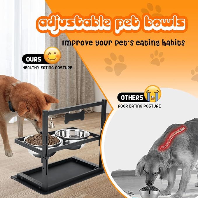 SHAINFUN Elevated/Raised Dog Bowls Stand Adjusable Height with Two 1.7L Stainless Steel Food Bowls and Spill Proof Mat, for Large and Medium Dogs.
